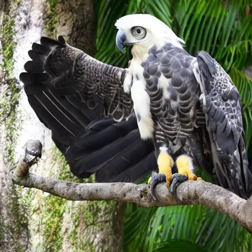 Prompt: harpy eagle and parrot hybrid animal, half harpy eagle half parrot, realistic photo taken in zoo