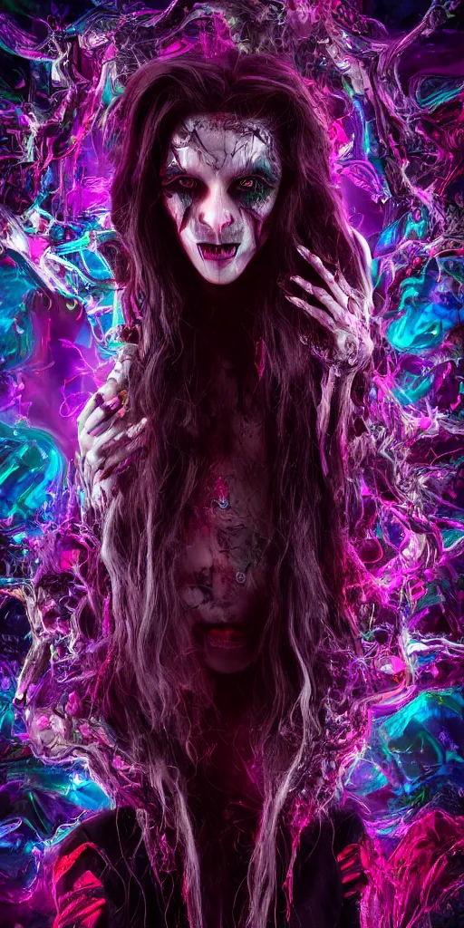 Image similar to impossibly beautiful vampire with large vampire fangs, magic, hypnosis, full body, intricate complexity, horror, psychedelic glitch art, rainbow drip paint, trending on art station, photoreal, 8k, octane render