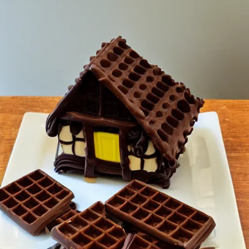 Prompt: a house made of chocolate and waffles.