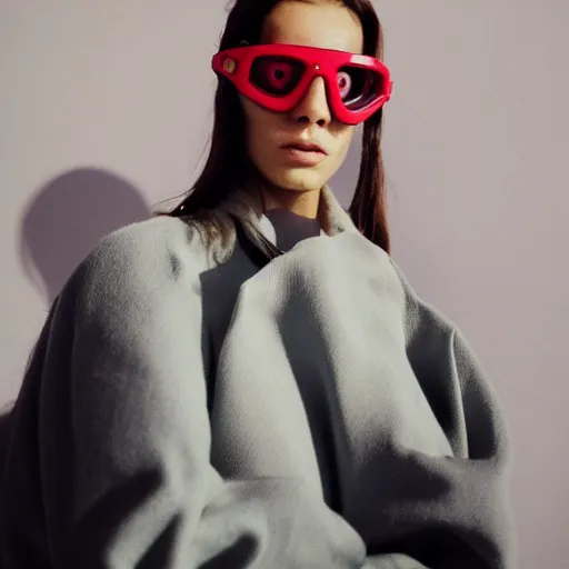 Image similar to realistic photoshooting for a new balenciaga lookbook, color film photography, portrait of a beautiful woman, model is wearing sski goggles in style of Tyler Mitchell, 35mm,