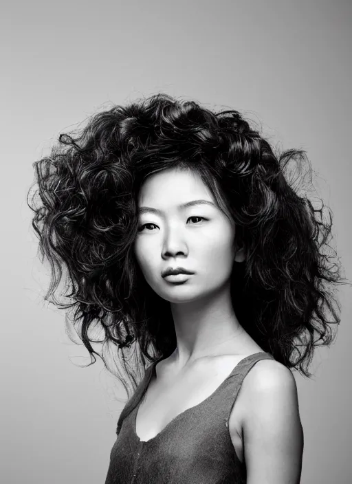 Prompt: a portrait of an asian woman by justin ridler, beautiful, elegant, big curly hair