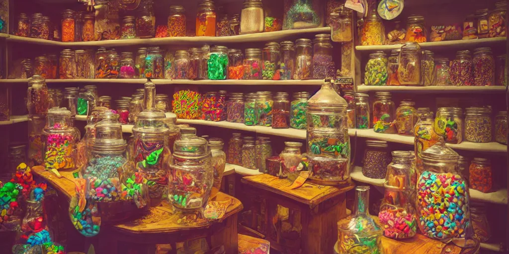 Image similar to Inside an old magical sweet shop, large jars on shelves, beautiful labels, fantasy vendor interior, wide angle, cinematic, highly detailed, rich bright colors, trending on artstation, trending on cgsociety