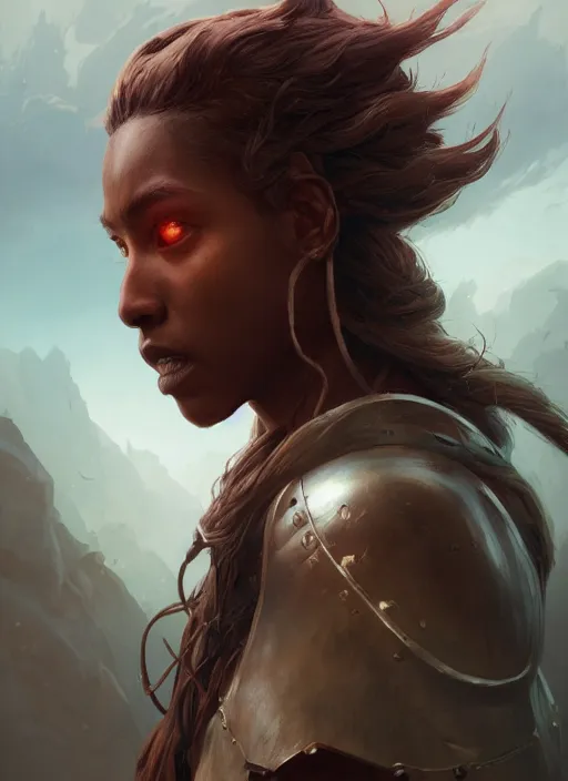 Image similar to highly detailed portrait of protagonist from elden ring, brown skin, adventure game, d & d, fantasy art by greg rutkowski, stanley artgerm, loish, rhads, tom bagshaw, global illumination, radiant light, detailed and intricate environment