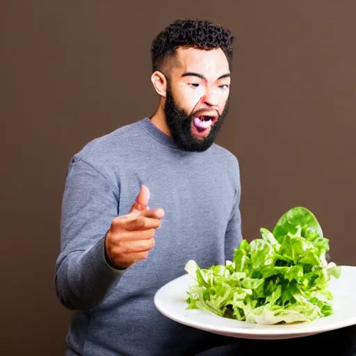 Prompt: A man arguing loudly with a bowl of salad