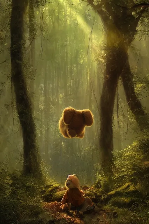 Image similar to mean fluffy teddybear protecting girl in a forest with rays of light coming through the canopy, masterpiece, dystopian, sci-fi, extremely detailed, digital painting, sculpted in zbrush, artstation, concept art, smooth, sharp focus, illustration, chiaroscuro lighting, golden ratio, incredible art, artgerm, greg rutkowski, alphonse mucha, simon stalenhag, carravaggio