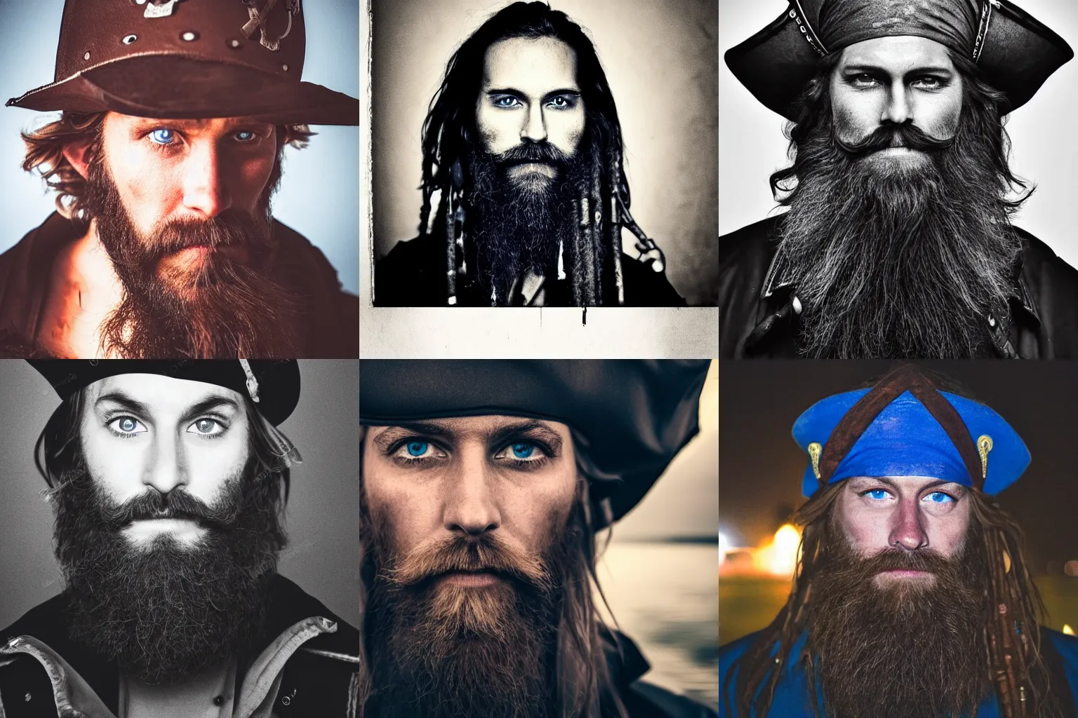 Prompt: night photography, dim light, dark, pirate captain, blue eyes, long brown beard, worn and rugged
