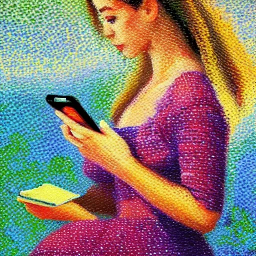 Prompt: a vivid modern impressionist painting of a beautiful woman with a smartphone, oil on canvas, pointillism, trending on artstation