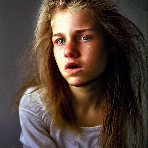 Image similar to a candid extreme closeup portrait of an expressive face of a very surprised young woman by annie leibovitz