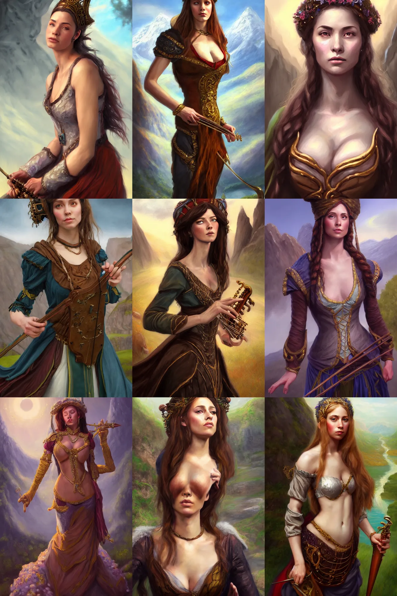 Prompt: a full body high detail fantasy portrait oil painting illustration of a single beautiful sophisticated bard woman by justin sweet with face and body clearly visible, in a scenic background, pretty eyes, realistic proportions, d & d, rpg, forgotten realms, artstation trending, high quality, sombre mood, artstation trending, muted colours, entire person visible!