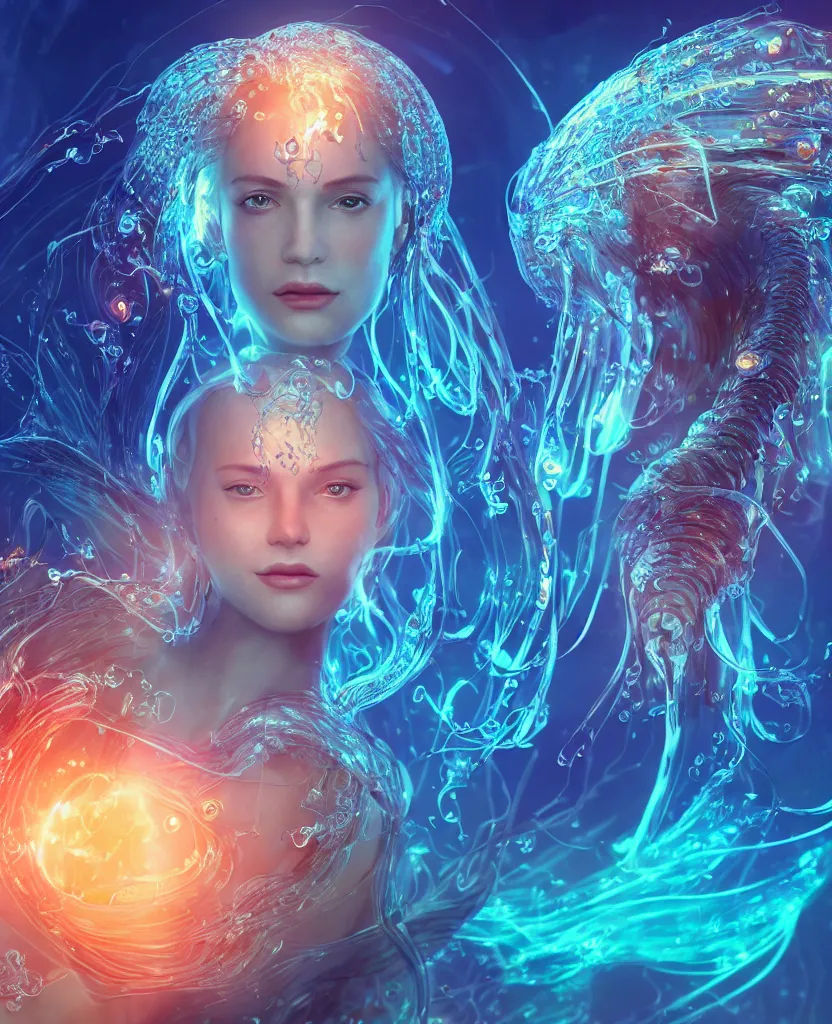 Image similar to close-up macro portrait of the face of a beautiful princess, epic angle and pose, symmetrical artwork, 3d with depth of field, blurred background, cybernetic jellyfish female face skull phoenix bird, translucent, nautilus, energy flows of water and fire. a highly detailed epic cinematic concept art CG render. made in Maya, Blender and Photoshop, octane render, excellent composition, cinematic dystopian brutalist atmosphere, dynamic dramatic cinematic lighting, aesthetic, very inspirational, arthouse. y Greg Rutkowski, Ilya Kuvshinov, WLOP, Stanley Artgerm Lau, Ruan Jia and Fenghua Zhong