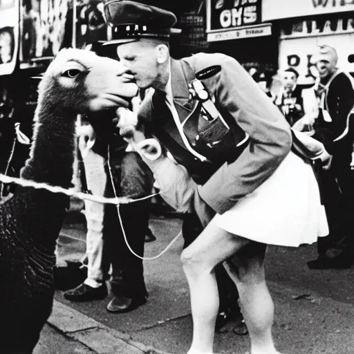 Prompt: black and white flash photograph of a world war 2 - era sailor kissing a llama in times square on vj day in the style of weegee.