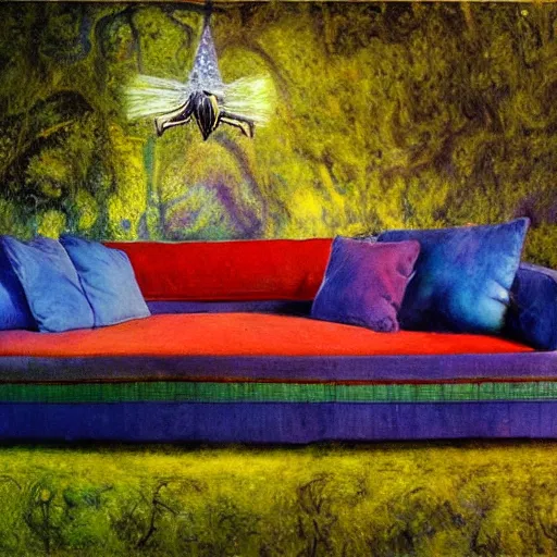 Image similar to psychedelic couch sofa in the lush forest, milky way, designed by arnold bocklin, jules bastien - lepage, tarsila do amaral, wayne barlowe and gustave baumann, cheval michael, trending on artstation, mediterranean, star, sharp focus, colorful refracted sparkles and lines, soft light, 8 k 4 k