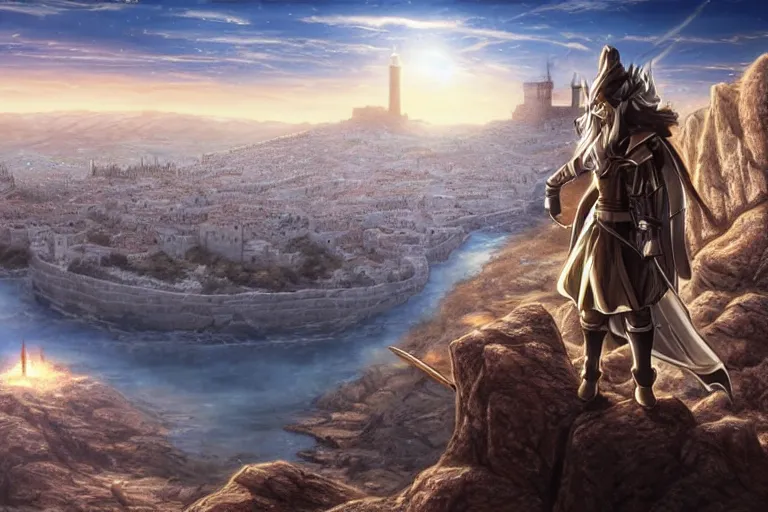 Image similar to an ultra detailed matte landscape painting of saladin as a shonen anime protagonist standing confidently on a cliff overlooking jerusalem with huge flaming longsword blessed by god, epic anime fantasy, 8 k, volumetric lighting, smooth, highly detailed, digital illustration, art by kentaro miura and akira toriyama and artgerm