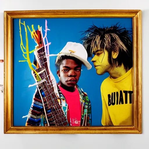 Image similar to photo of basquiat and kurt cobain in a high end studio, photorealistic,