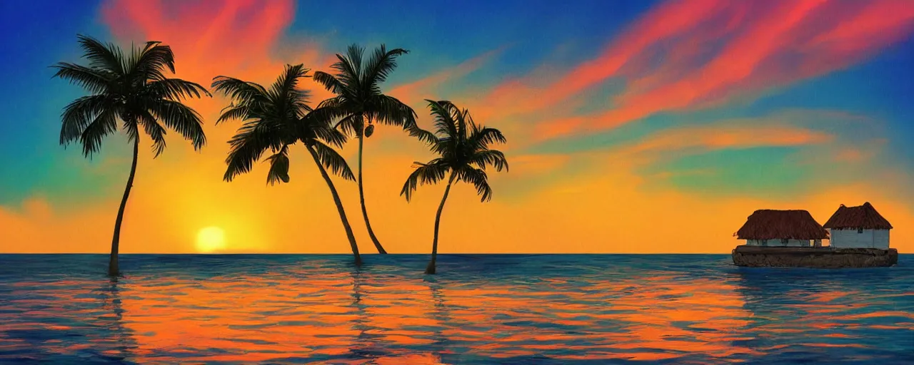 Image similar to small house on a tiny island in the middle of the ocean, (((colorful clouds))), sunset, palm trees, ghibli style