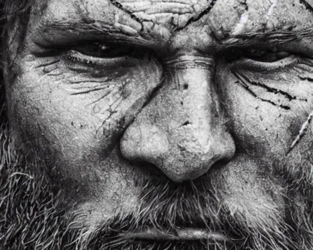 Image similar to A very close up of a viking with scars on the face, rage