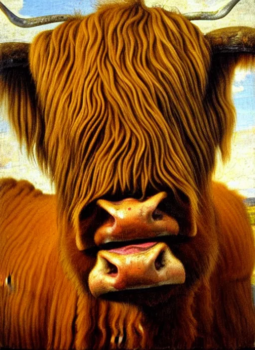 Image similar to oil portrait painting by hans holbein the elder of a highland cow.