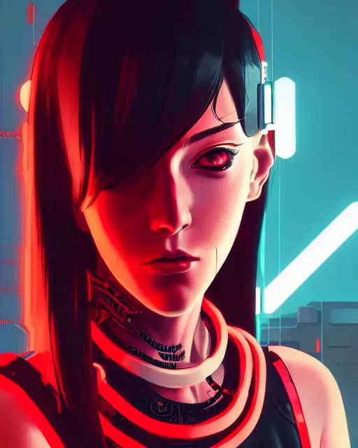 Image similar to a comic potrait of a cyberpunk cyborg girl with black and red parts, fine - face, realistic shaded perfect face, fine details. night setting. very anime style. realistic shaded lighting poster by ilya kuvshinov katsuhiro, unreal engine, global illumination, radiant light, detailed and intricate environment