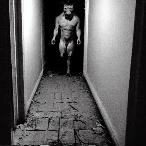 Image similar to hi - 8 night vision camera found - footage of a barely visible, human bipedal minotaur, shrouded in darkness at the end of an extremely dark, unlit hallway in a basement of an abandoned house