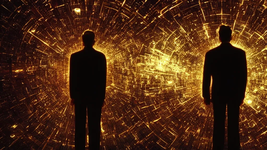 Image similar to movie scene of a man standing in front of a multiverse machine, movie still, cinematic composition, cinematic light, by David Lynch