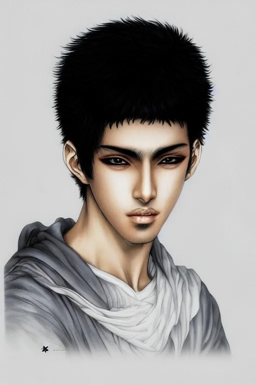 Image similar to beautiful medium shot manga portrait of a young arabic man inspired by ayami kojima with short hair dressed with a white t - shirt, white background white bank studio light, art by yoshitaka amano and shingo tamagawa, sharp focus, high quality, 8 k