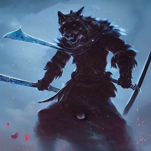 Image similar to anthropomorphic Azure samurai wolf, DnD character art portrait, fantasy battleground, raining, fire, oil painting, heroic pose, magic the gathering artwork, D&D, fantasy, cinematic lighting, centered, symmetrical, highly detailed, digital painting, artstation, concept art, smooth, sharp focus, illustration, volumetric lighting, epic Composition, 8k, art, DeviantArt, trending on Artstation, Jason Felix, Steve Argyle, Tyler Jacobson, Peter Mohrbacher, Akihiko Yoshida, Greg Rutkowski, Craig Mullins, Frank Frazetta, cinematic lighting