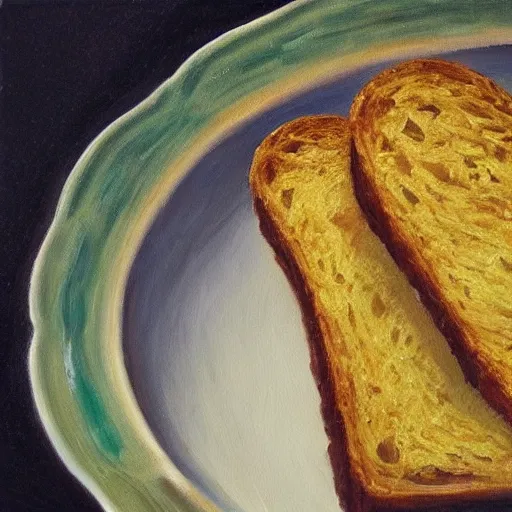 Prompt: oil painting of a slice of garlic bread on an ornate italian ceramic plate