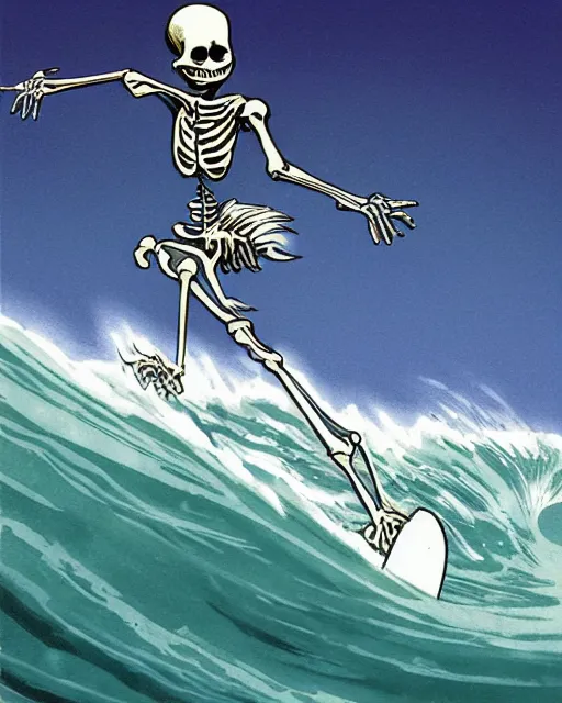 Prompt: a skeleton on a surfboard catching a giant wave, in the style of an ed emshwiller and dr seuss illustration, trending on artstation, 4 k