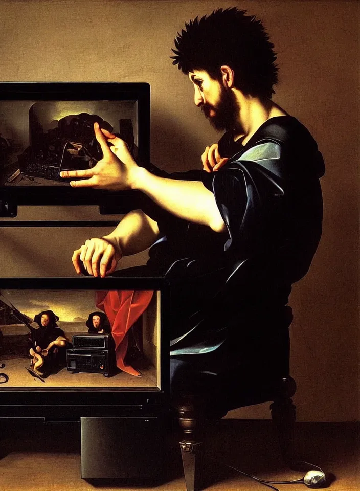 Prompt: Portrait of a man playing a video game on a CRT television. Painting by Caravaggio. Intricate details. hyper realism. Masterpiece.