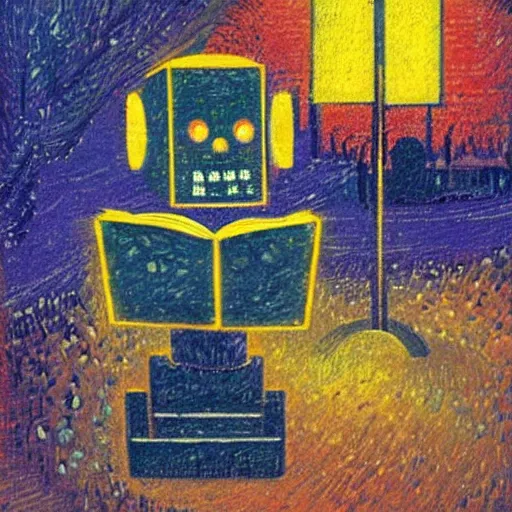 Image similar to A robot reading a book in a park, winter evening, lights, colorful, in the style of Umberto Boccioni