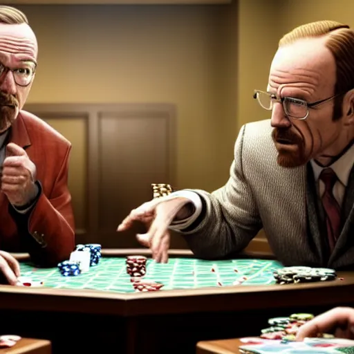 Prompt: saul goodman and walter white playing poker, ultra realistic, cinematic
