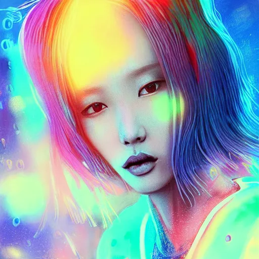 Prompt: a digital painting of park soo joo in the rain with blue hair, cute - fine - face, pretty face, cyberpunk art by sim sa - jeong, cgsociety, synchromism, detailed painting, glowing neon, digital illustration, perfect face, extremely fine details, realistic shaded lighting, dynamic colorful background