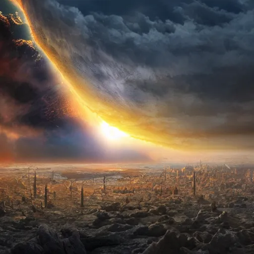 Image similar to the end of the world when the sun expands and burns the earth, highly detailed matte painting