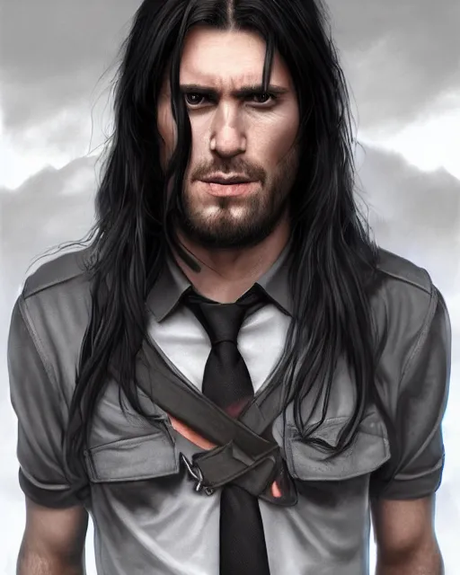 Image similar to portrait of tall, tired 3 3 - year - old handsome man with long black hair, grey eyes, wearing black clothes, hyper realistic face, beautiful eyes, character art, art by mark brooks, hyperdetailed, cryengine, trending on artstation, digital art