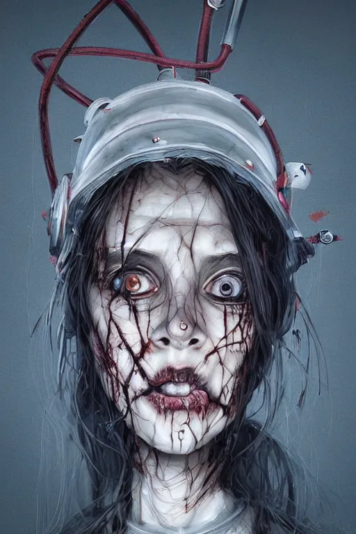 Image similar to cartoon grunge portrait of a creepy horror nurse girl . intricate abstract. intricate artwork. nightmare fuel. terrifying. by Tooth Wu, wlop, dan mumford , trending on artstation, greg rutkowski very coherent symmetrical artwork. cinematic, hyper realism, high detail, octane render, 8k