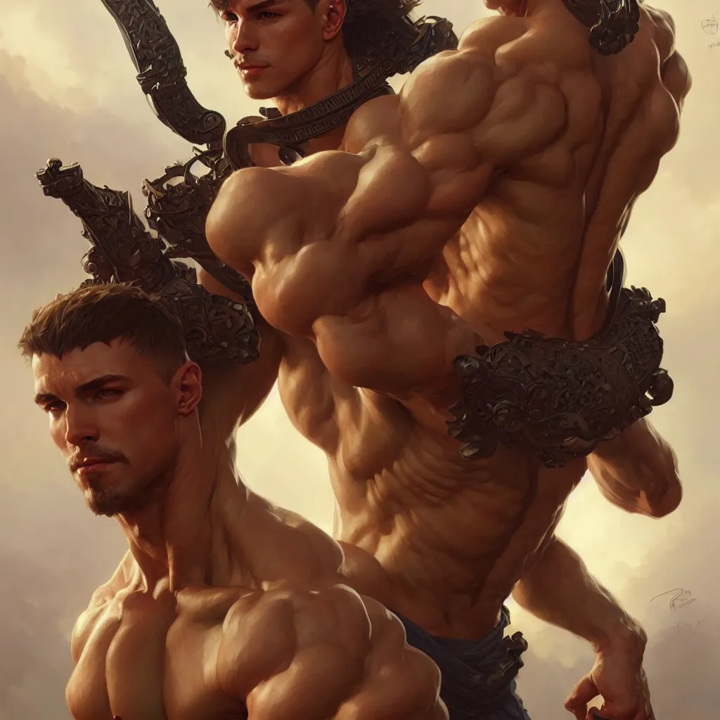 Image similar to male fighter, muscular upper body, D&D, fantasy, intricate, elegant, highly detailed, digital painting, artstation, concept art, smooth, sharp focus, illustration, art by artgerm and greg rutkowski and alphonse mucha