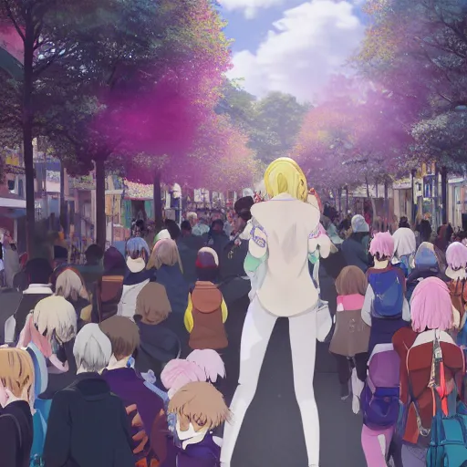 Image similar to blonde - haired princess, anime princess, wearing black jacket and white leggings, looking through crowd, town street, festival street, trees, green trees, blue lighting, blue sunshine, strong lighting, strong shadows, vivid hues, ultra - realistic, sharp details, subsurface scattering, intricate details, hd anime, 2 0 1 9 anime