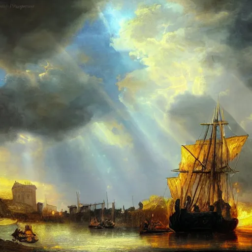 Image similar to oil painting of medieval harbour, storm clouds, sunrays, very very very very very beautiful bright art, american romanticism by goya, medieval castle, burning fires, colorful masterpiece, realistic and detailed, striking digital painting