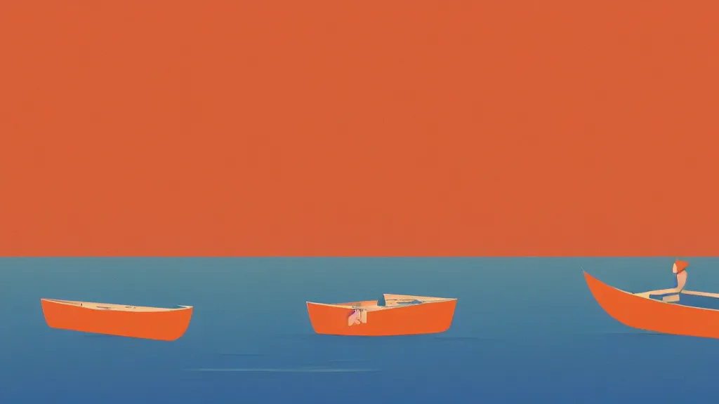 Prompt: a pale orange boat floating on top of a body of water, a vintage poster screenprint by Tom Whalen, behance contest winner, australian tonalism, pale gradients design, matte drawing, outrun, low poly