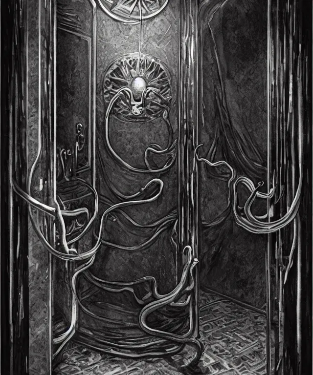 Image similar to horrifying photorealistic image of a 1 9 2 5 hotel elevator lobby, elevator doors look like a mouth, with a tentacle - shaped tongue, licking out, dark, atmospheric, brooding, smooth, finely detailed, cinematic, epic, lovecraft, in the style of lee gibbons