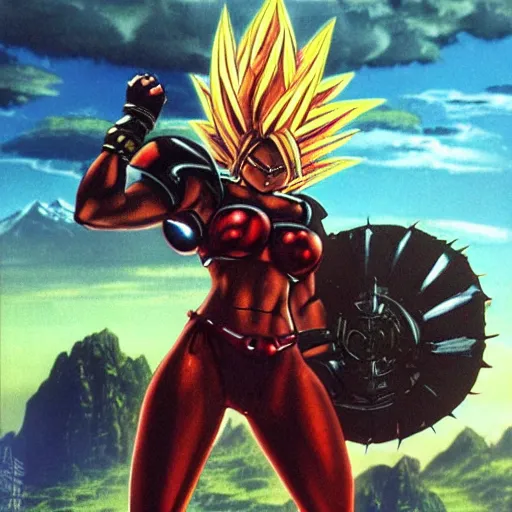 Image similar to Muscular ultraviolent woman, wild spiky black Saiyan hair, electrified hair, chrome armor, heavy chestplate armor, black spandex, holding jagged scimitar, palm trees, red sky, destroyed mountains, chrome military base, 1987 video game boxart, drawn by Frank Frazetta, pulp art, hyper-detailed