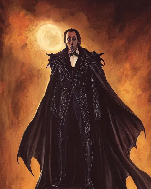 Image similar to nicolas cage as dracula, bat wings, highly detailed, centered, artstation, concept art, smooth, sharp focus, illustration, bokeh art by artgerm and donato giancola and joseph christian leyendecker