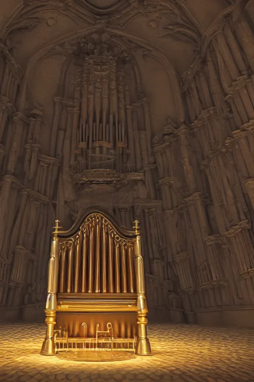 Prompt: a detailed render of an isolated lonely large pipe organ with large golden pipes in the middle of a field, intertwined with a lone stone column, trending on artstation, render, 3 d, octane, 4 k, 8 k, unreal engine, cinema 4 d, baroque, art deco