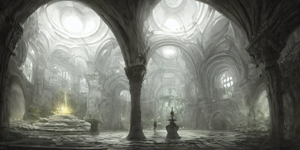 Prompt: Underground White Cathedral City hidden inside a round spacious cavern, lush greenery, tall white church in the center of the city, buildings made of white stone, baroque architecture. In style of Hyung-tae Kim, Greg Rutkowski and Larry Elmore, concept art, trending on ArtStation, Korean MMORPG, over-detailed art, 8K, epic, dynamic lightning, scenery, birdview.