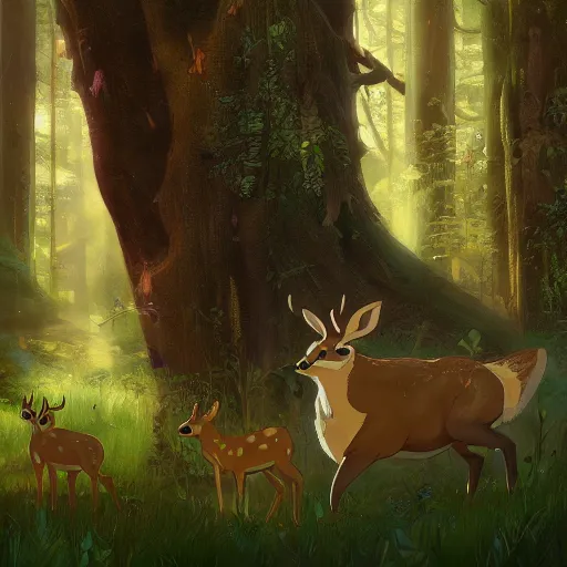 Image similar to concept art painting of an anthropomorphic humanoid elderly chubby doe deer wearing yellow robes, in the deep forest, realistic, detailed, cel shaded, in the style of makoto shinkai and greg rutkowski and james gurney