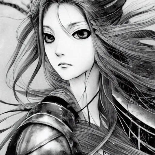 Image similar to Yoshitaka Amano blurred and dreamy illustration of an anime girl with wavy white hair and cracks on her face wearing Elden ring armour with the cape fluttering in the wind, abstract black and white patterns on the background, noisy film grain effect, highly detailed, Renaissance oil painting, weird portrait angle