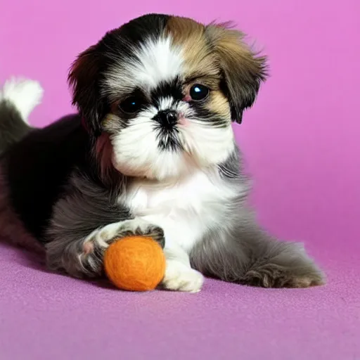 Prompt: cute shih tzu puppy playing with a wool ball