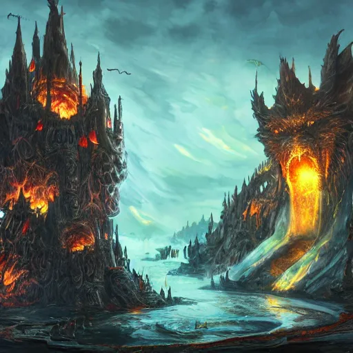 Image similar to the exterior of bowser's castle, epic, fantasy art, dark fantasy, illustration, flames, lava, oil painting, artstation, hyper detailed, thwomps, oil painting, intricate