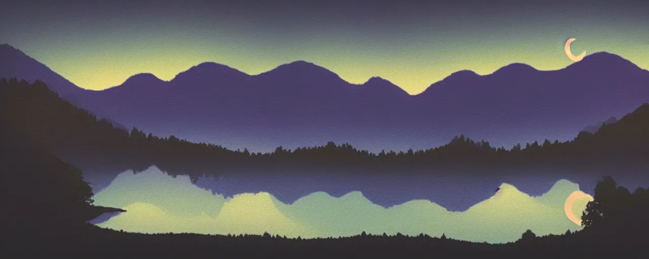 Prompt: a peaceful mountain valley with a lake at night rendered in the style of zana bamarni, crescent moon