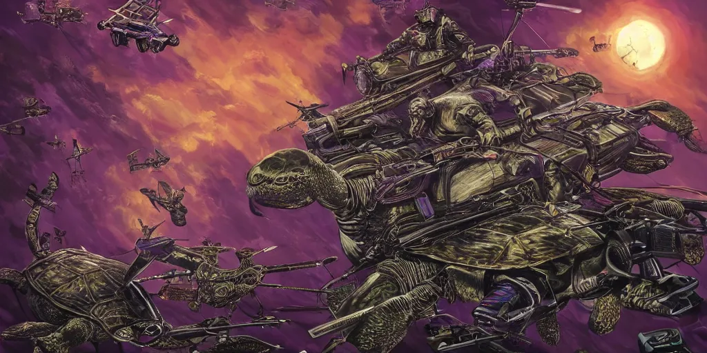 Prompt: neurotic depiction of a battle between horses riding drones and cybernetic, military cats on turtles, detailed shot, y 2 k aesthetic, dark purple background, bonestell, chesley, 4 k